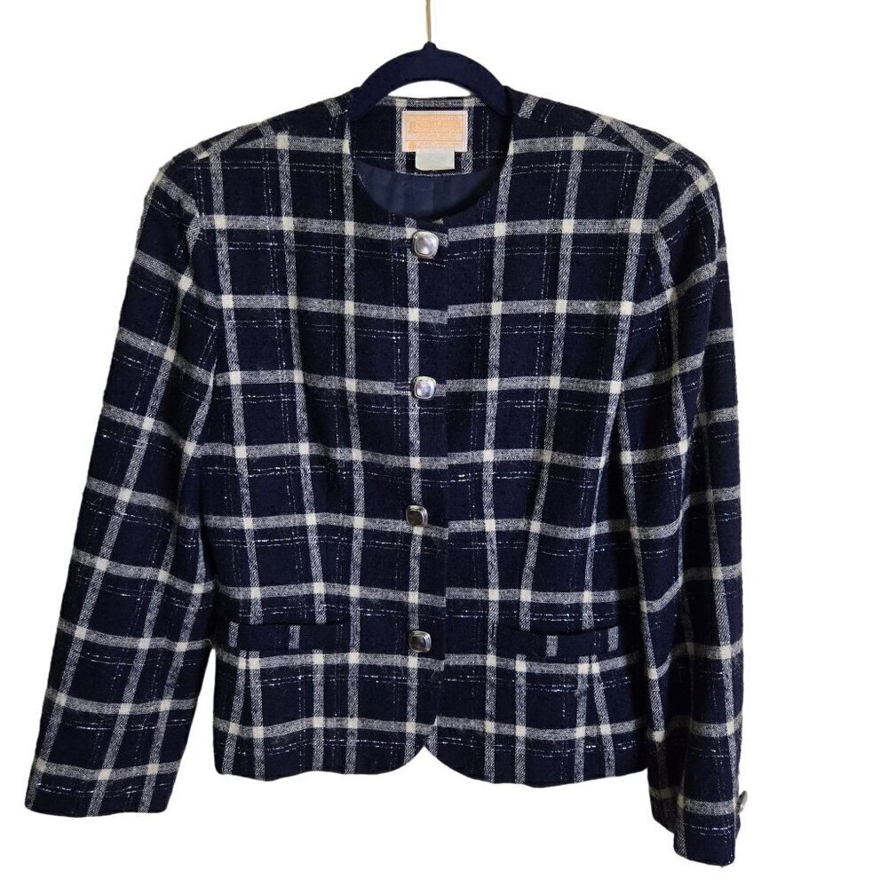 Pendleton Vintage Blue Silver Plaid Pure Virgin Wool Lady Jacket Size 6